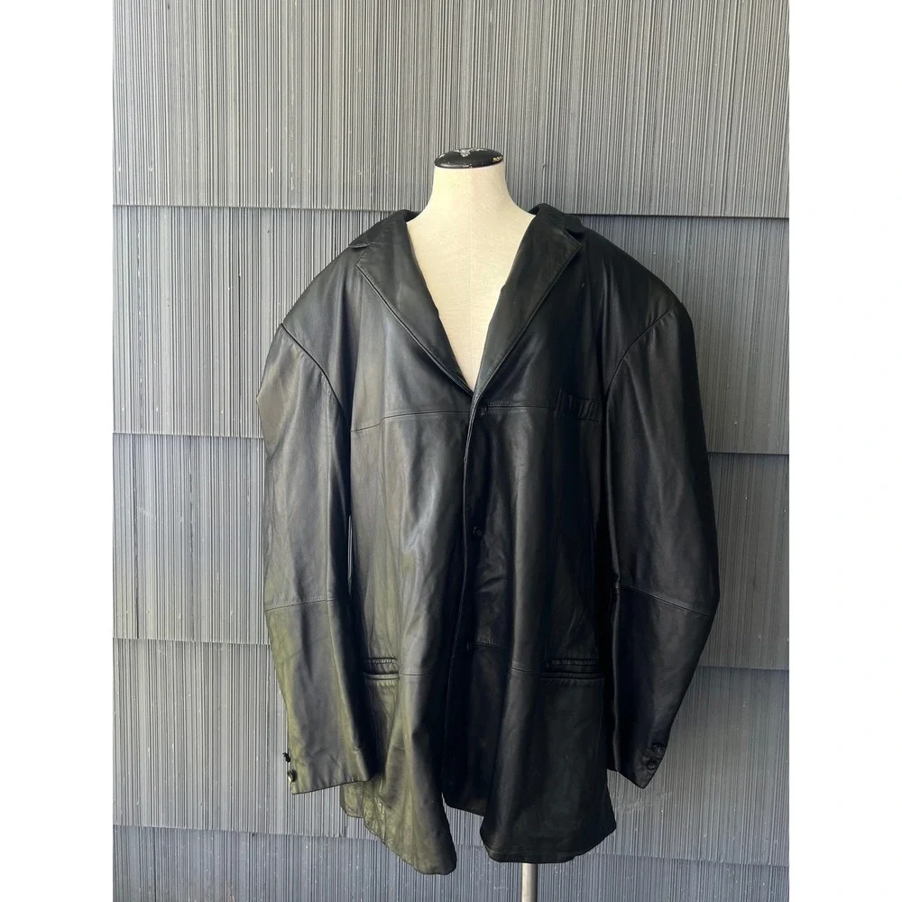 Mens Black Genuine Leather Blazer Two Button Sport Coat Jacket RN 93677